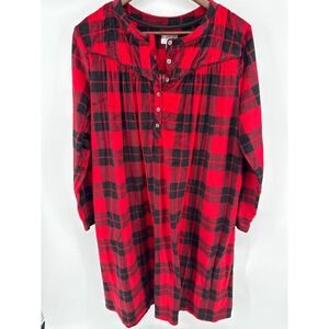 Aria Red Black Buffalo Plaid Fleece Nightgown L Long Sleeve Button Up Pockets